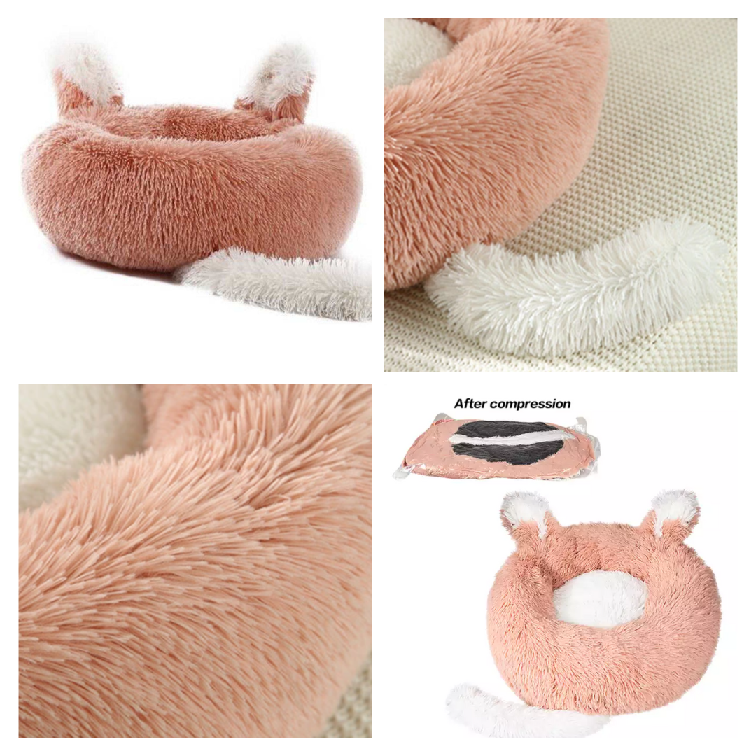 Plush Pet Bed with Ears & Tail – Soft Faux Fur Cat & Small Dog Bed