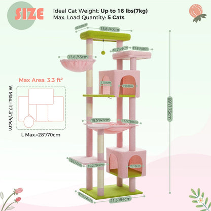 7 Level Cat Tree Tower Scratching Condo 175cm - Pink/Green-1