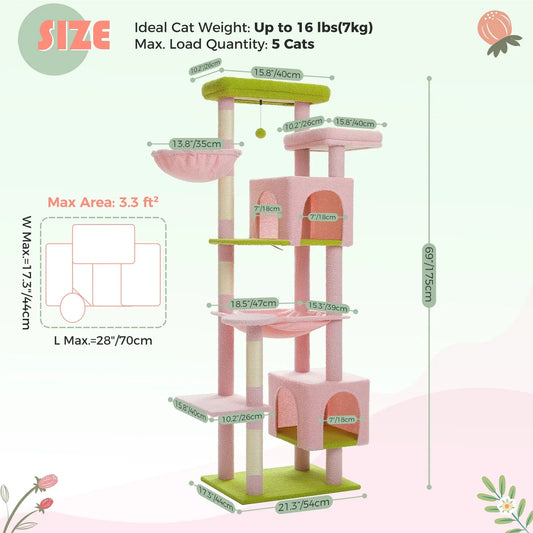7 Level Cat Tree Tower Scratching Condo 175cm - Pink/Green-1