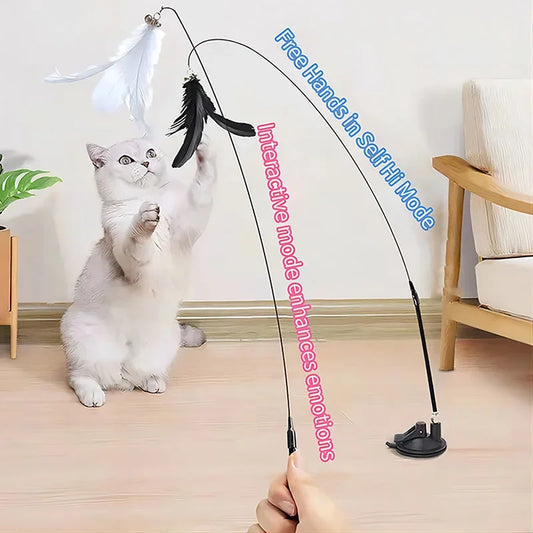 Interactive Cat Toy Feather Wand with Bell, Long Suction Cup Pole -