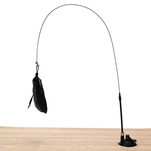 Interactive Cat Toy Feather Wand with Bell, Long Suction Cup Pole -