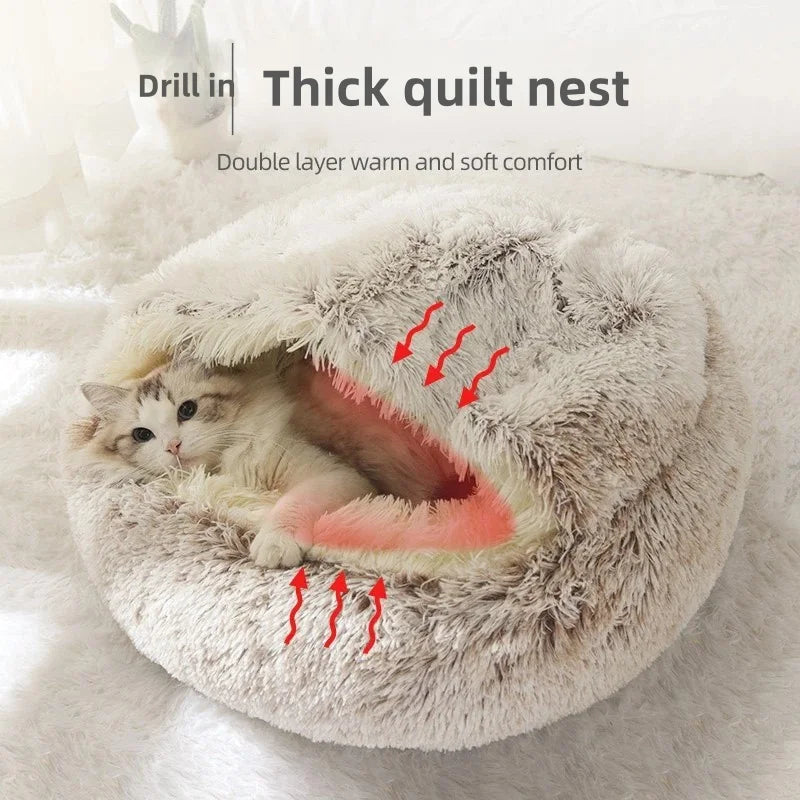 Round Plush Pet Bed – 2-in-1 Cozy Cat & Dog Nest with Warm Cover