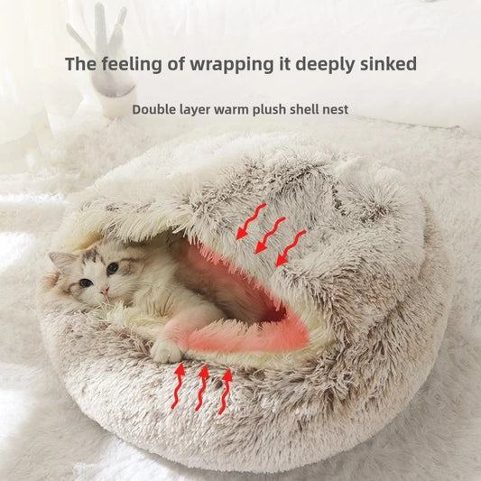 Round Plush Pet Bed – 2-in-1 Cozy Cat & Dog Nest with Warm Cover