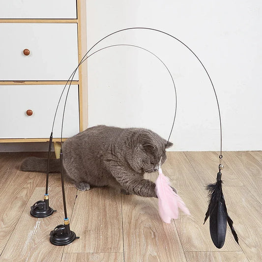 Interactive Cat Toy Feather Wand with Bell, Long Suction Cup Pole -