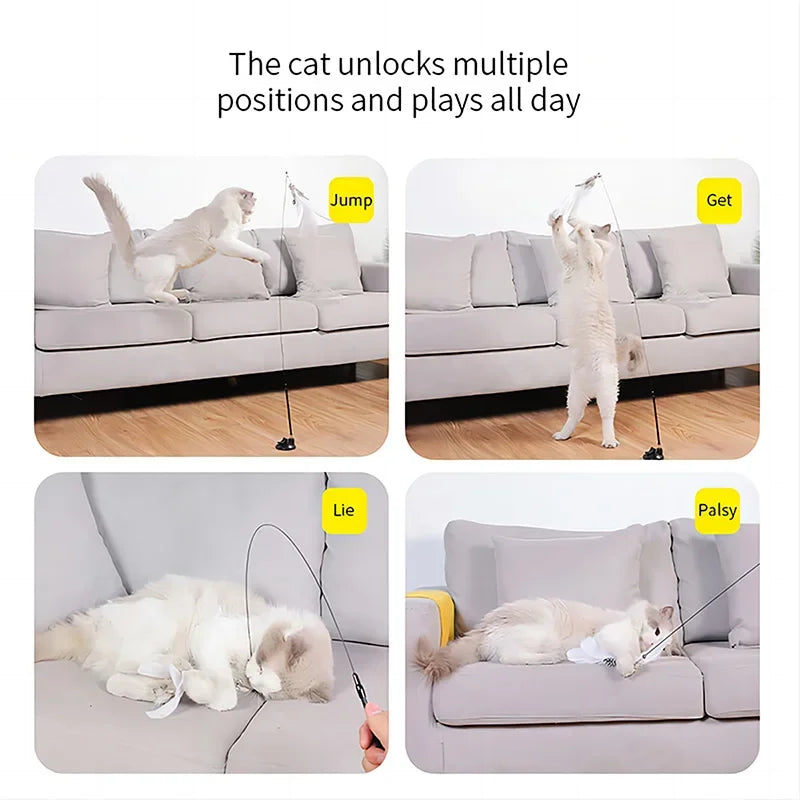 Interactive Cat Toy Feather Wand with Bell, Long Suction Cup Pole -