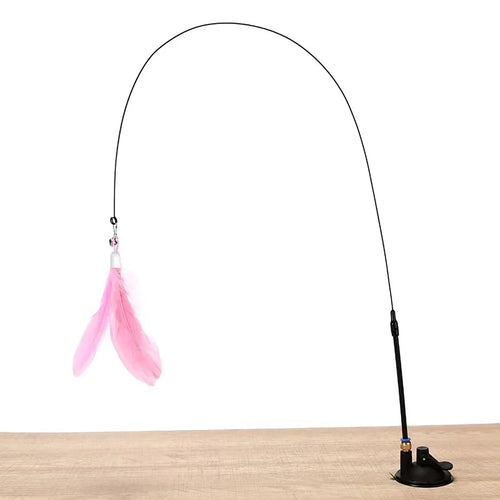 Interactive Cat Toy Feather Wand with Bell, Long Suction Cup Pole -