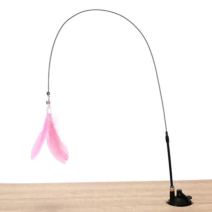 Interactive Cat Toy Feather Wand with Bell, Long Suction Cup Pole -