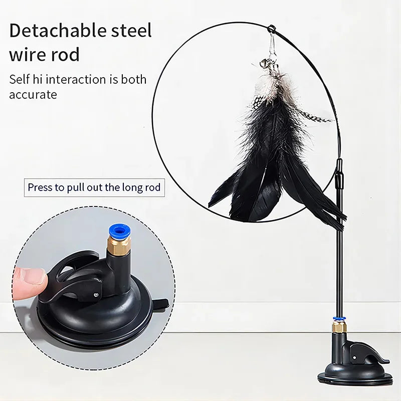 Interactive Cat Toy Feather Wand with Bell, Long Suction Cup Pole -