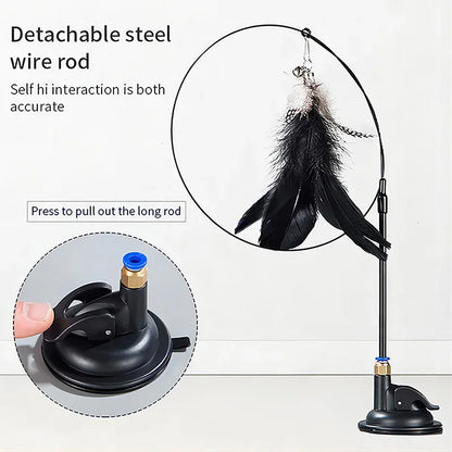 Interactive Cat Toy Feather Wand with Bell, Long Suction Cup Pole -