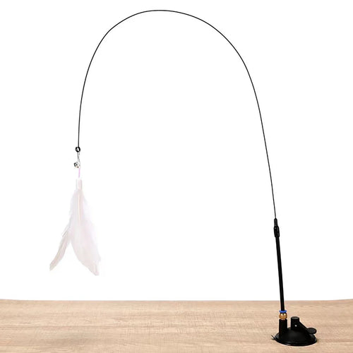 Interactive Cat Toy Feather Wand with Bell, Long Suction Cup Pole -