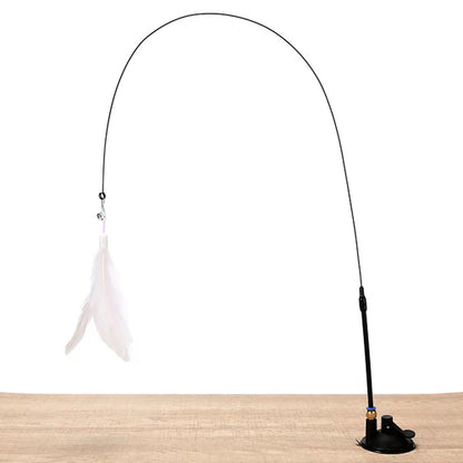 Interactive Cat Toy Feather Wand with Bell, Long Suction Cup Pole -