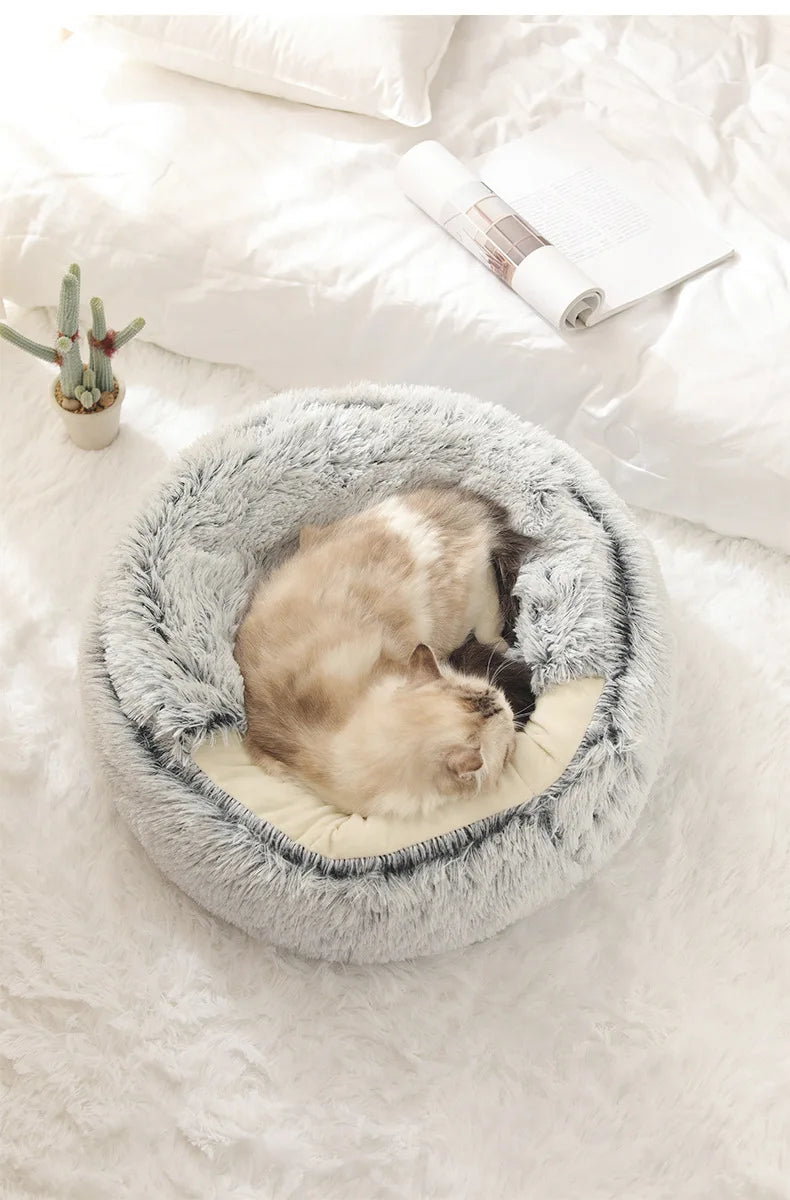Round Plush Pet Bed – 2-in-1 Cozy Cat & Dog Nest with Warm Cover