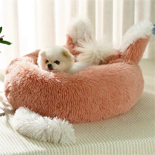 Plush Pet Bed with Ears & Tail – Soft Faux Fur Cat & Small Dog Bed